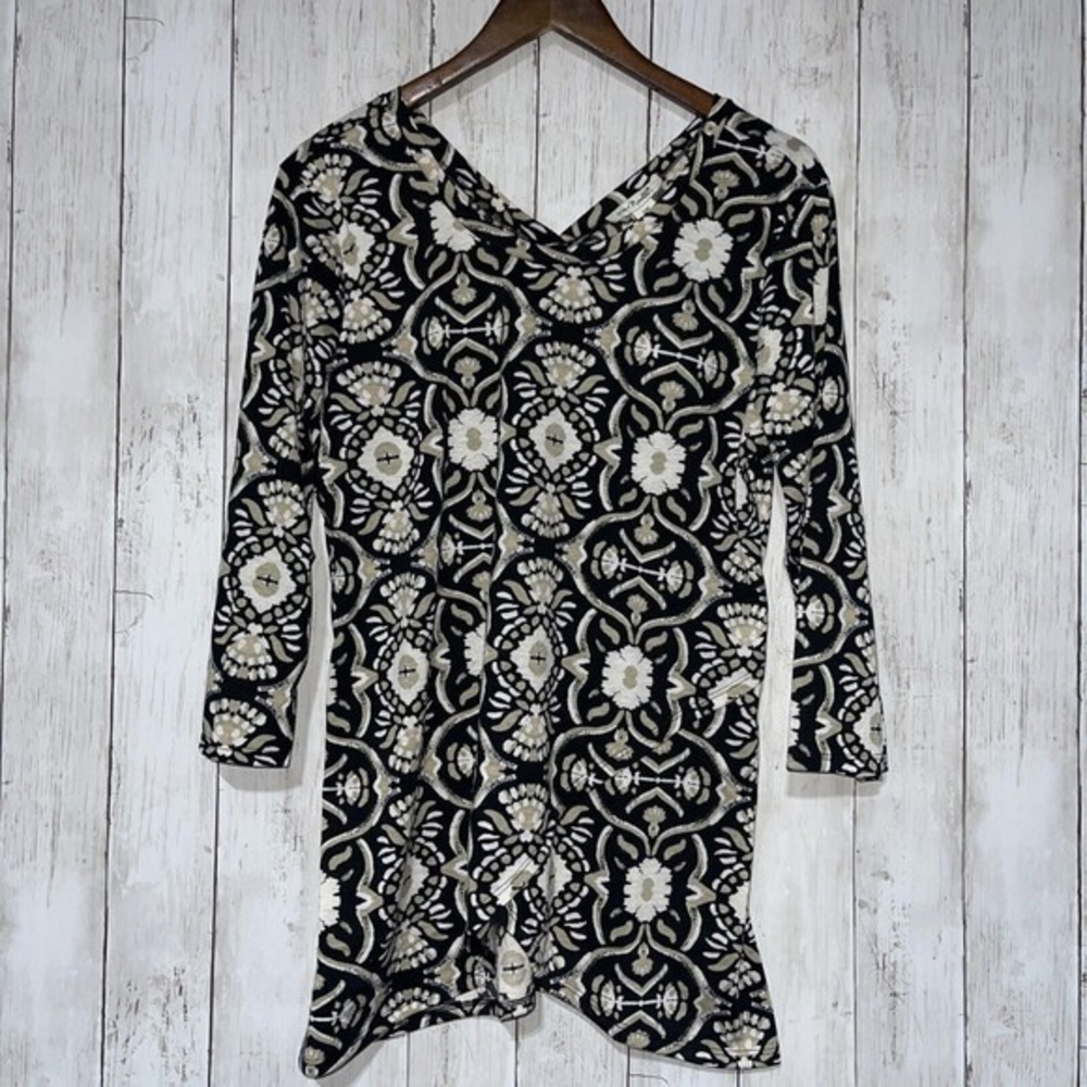 Simply Noelle Womens S M Black Tan White Floral Print Long Sleeve V Neck Top